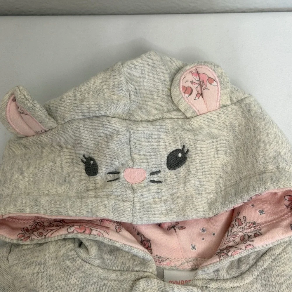 Gymboree Baby Girl Gray Pink Cat Hooded Footie Romper 6-9 Months Woodland Fleece